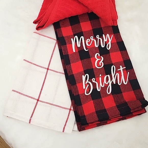 Tidings+Traditions Two Towels 2 Mini Mits 2 Dish Cloths Red & Black Plaid (NWT) - Picture 2 of 7